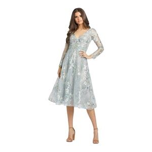 Mac Duggal Embellished Illusion Long Sleeve A Line Dress in Sterling NWT